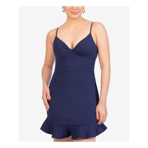 B DARLIN Womens Navy Flounce Hem Spaghetti Strap Short Fit + Flare Dress 15\16 - Picture 1 of 4
